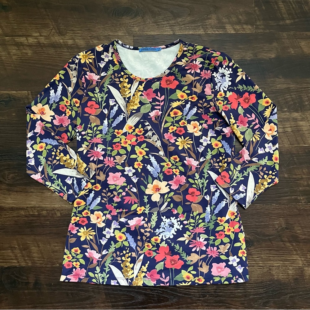 J. McLaughlin blue floral flowers Catalina cloth stretch blouse shirt medium - Picture 1 of 8
